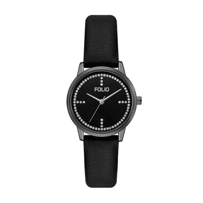 Folio Womens Simulated Crystal Accent Faux Leather Watch, Black Product Image