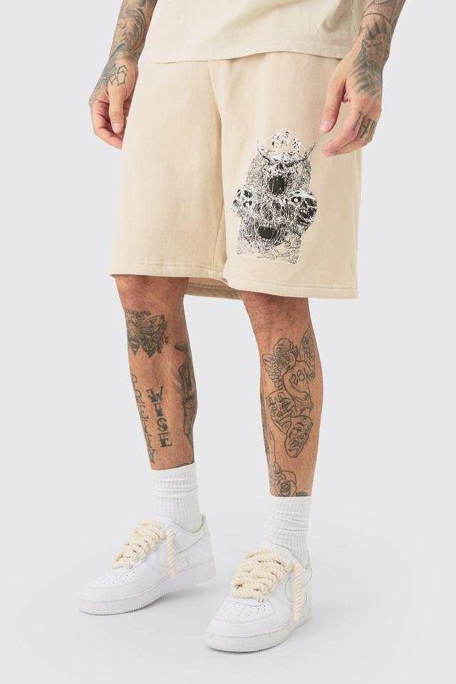 Mens Beige Tall Oversized Fit Gothic Print Jersey Shorts, Beige Product Image