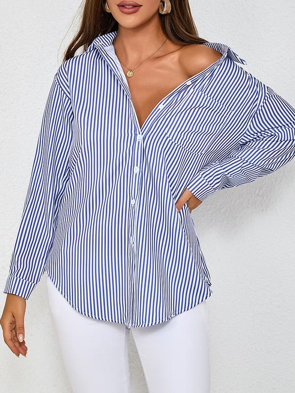 Long Sleeves Loose Split-Joint Striped Lapel Blouses Product Image