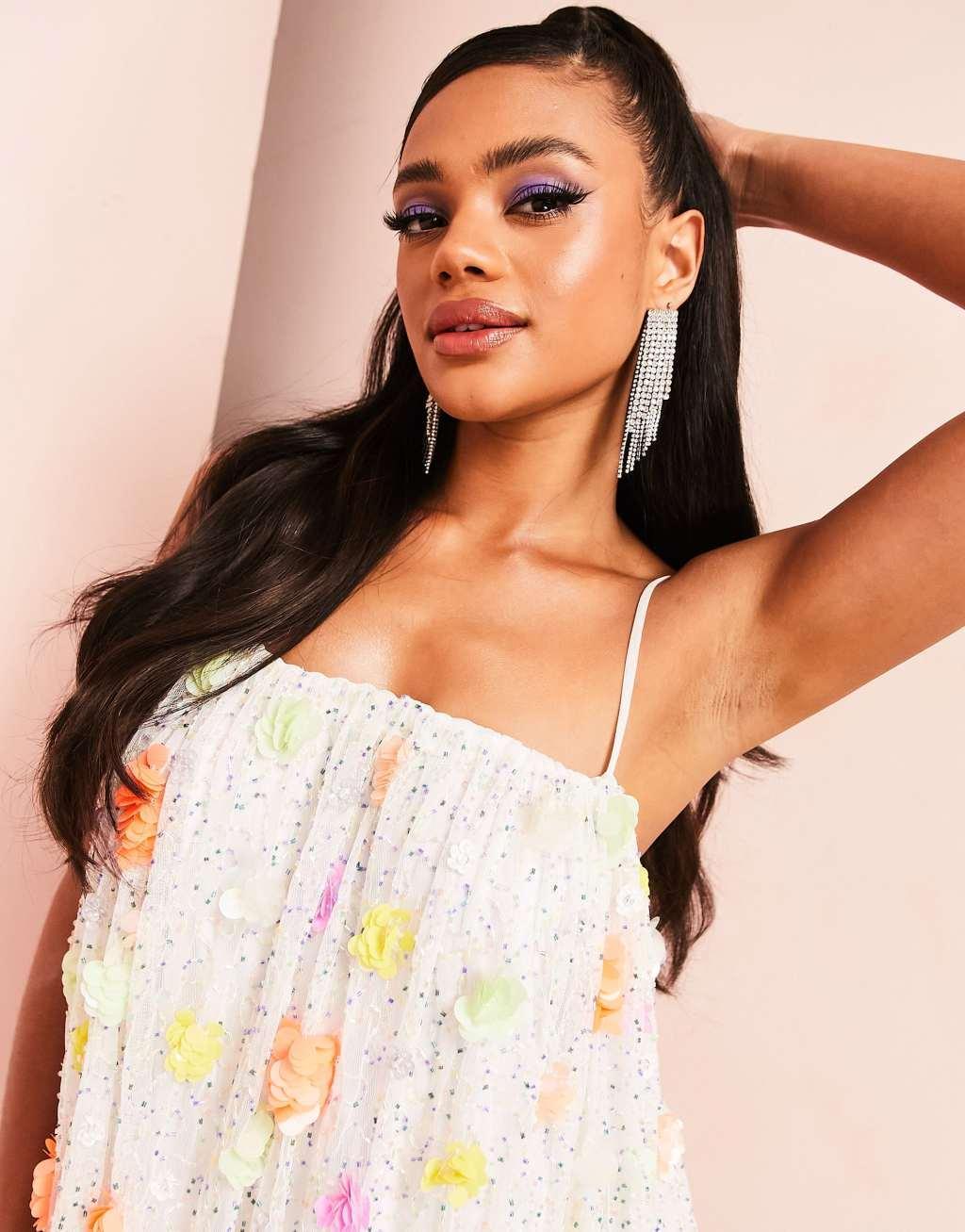 ASOS LUXE 3D embellished floral bubble mini dress in multi Product Image