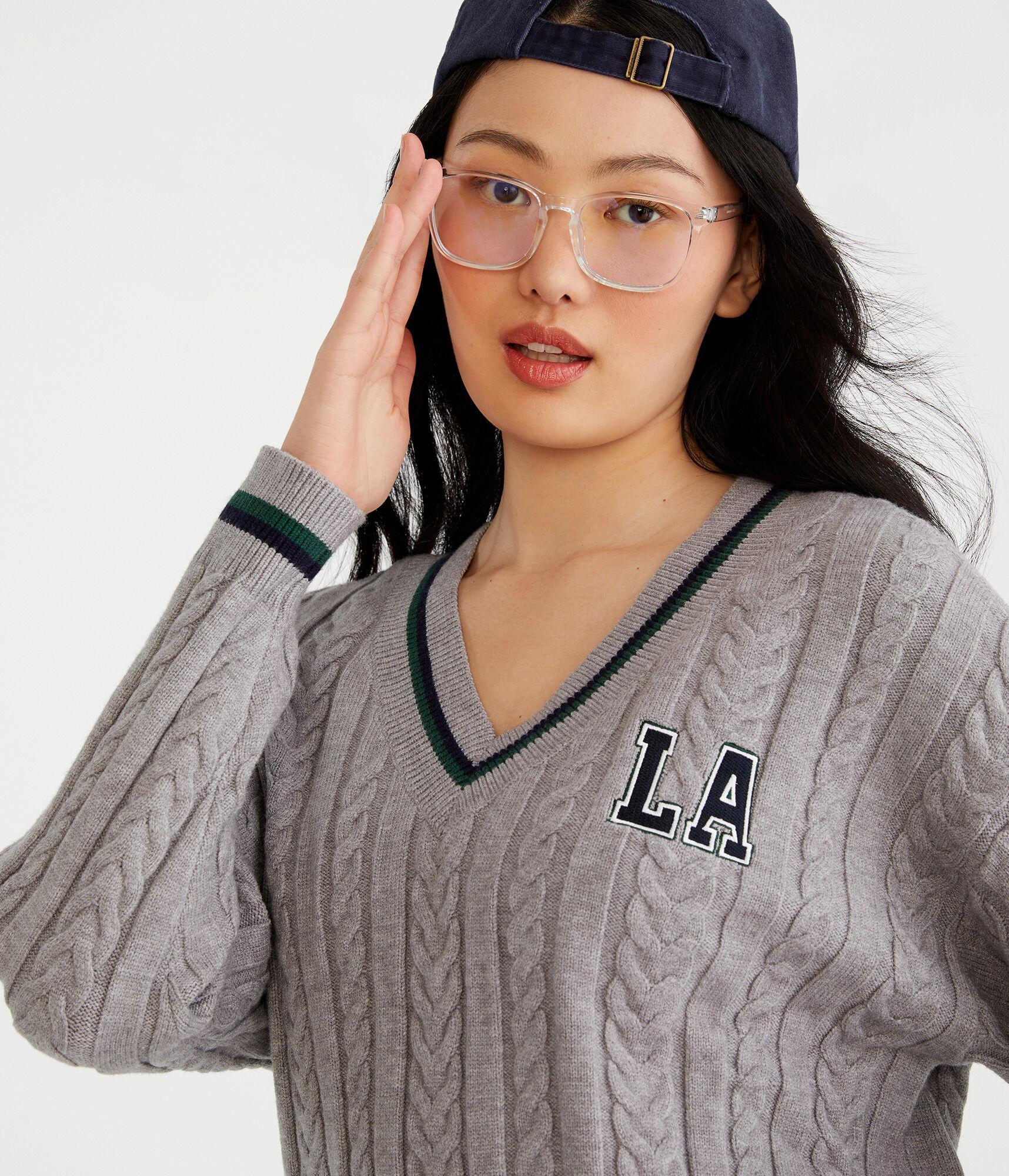 City Oversized Cable V-Neck Sweater Product Image