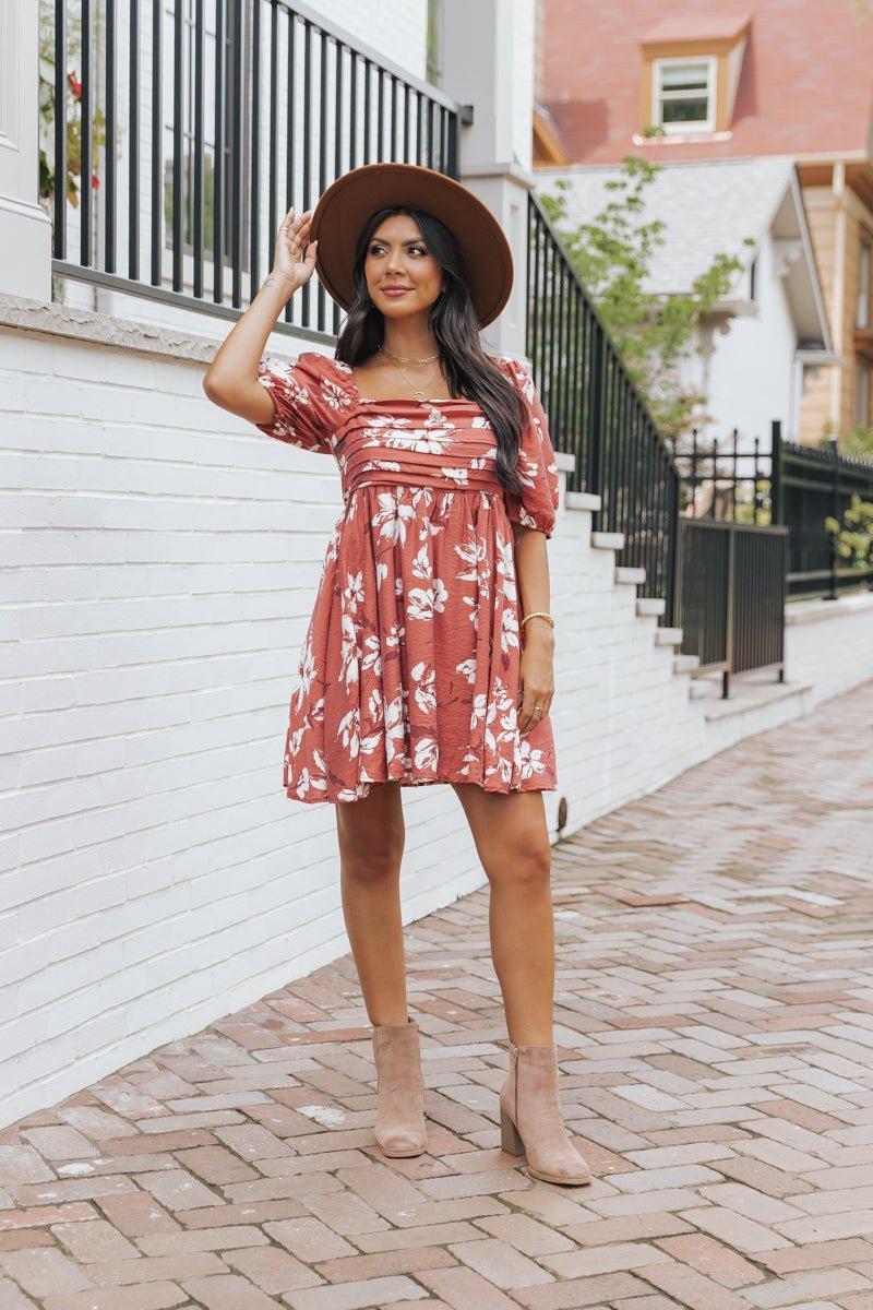 Terracotta Floral Print Pleated Mini Dress - FINAL SALE Product Image