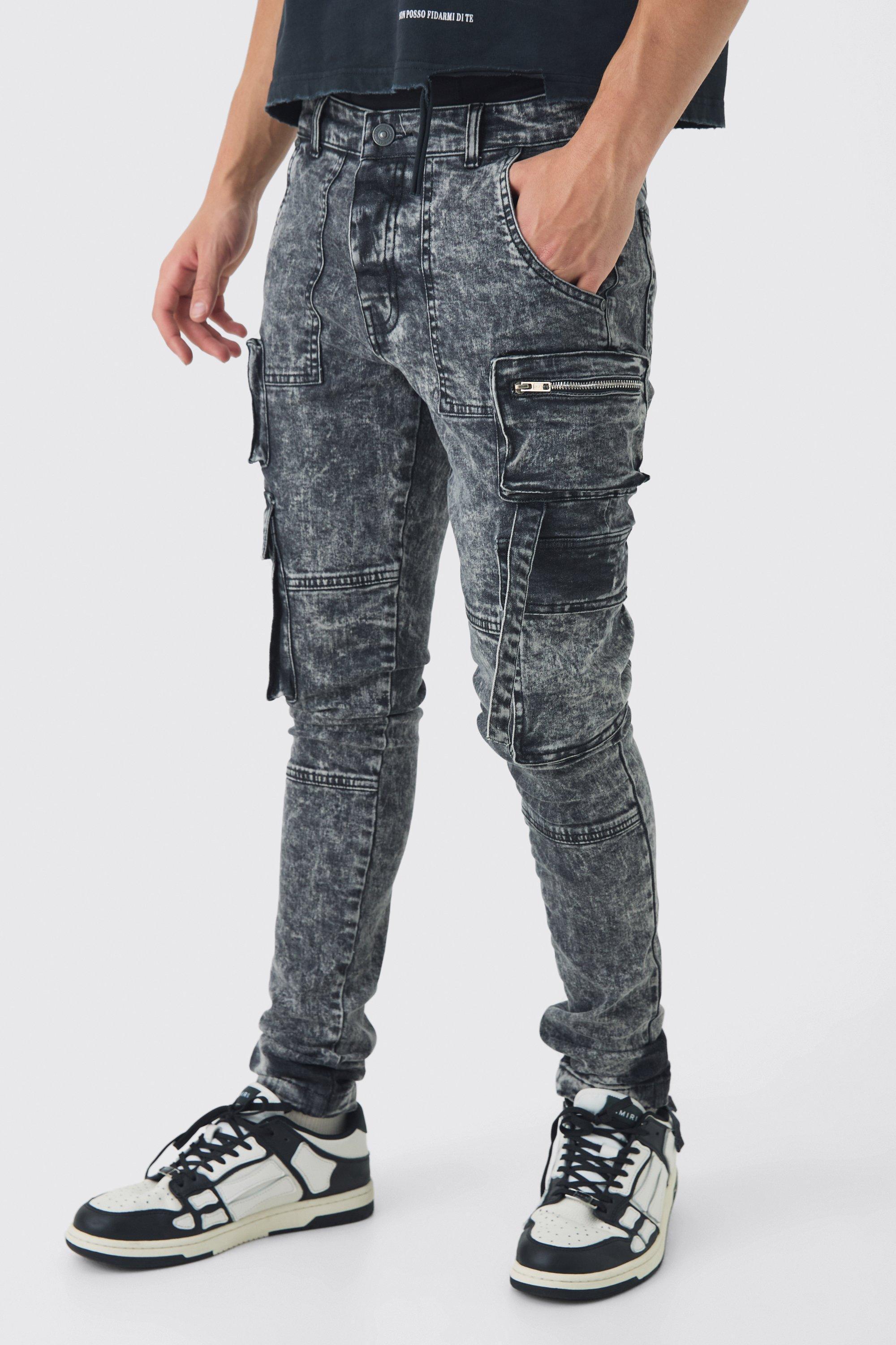 Super Skinny Stretch Black Acid Wash Cargo Jeans | boohooMAN USA product image