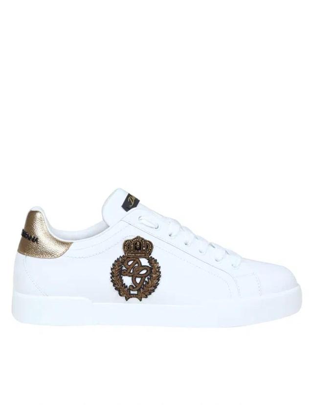 Portofino Sneakers In Leather With Side Crown Logo In White / Gold Product Image