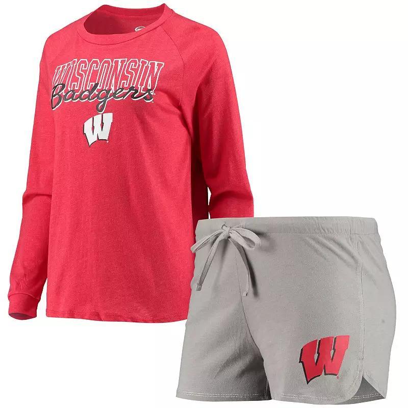 Womens Concepts Sport Heathered /Gray Wisconsin Badgers Raglan Long Sleeve T-Shirt & Shorts Sleep Set Product Image