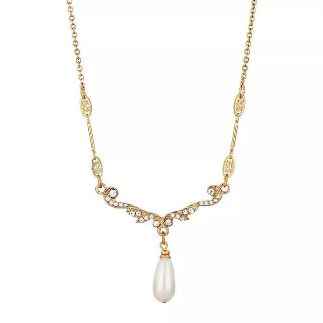 1928 Gold Tone Crystal Studded Bar Simulated Pearl Pendant Necklace, Womens, White Product Image