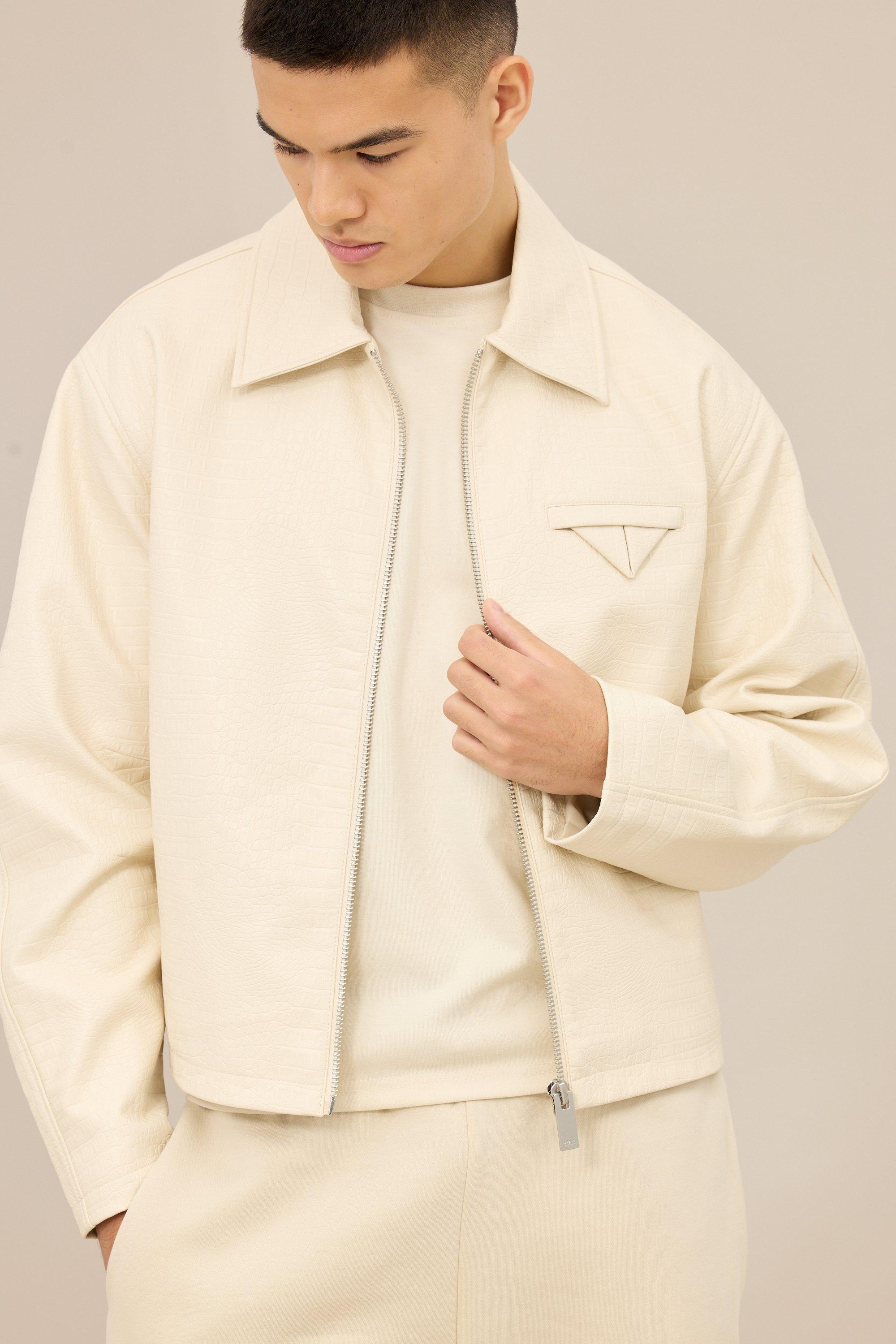 Boxy Textured PU Collared Bomber Jacket In Ecru | boohooMAN USA Product Image