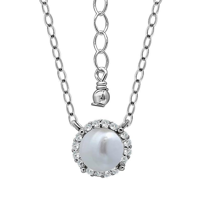 Aleure Precioso Sterling Silver Freshwater Cultured Pearl & Cubic Zirconia Halo Pendant Necklace, Womens, Silver Tone Product Image