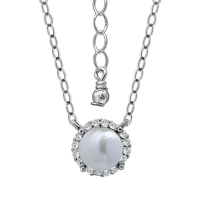 Aleure Precioso Sterling Silver Freshwater Cultured Pearl & Cubic Zirconia Halo Pendant Necklace, Womens, Silver Tone Product Image