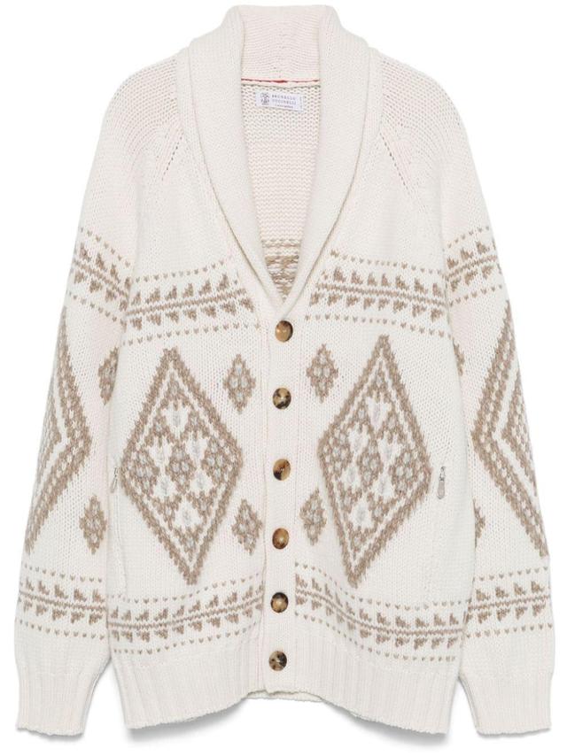 BRUNELLO CUCINELLI Intarsien-cardigan Aus Kaschmir In Neutrals Product Image