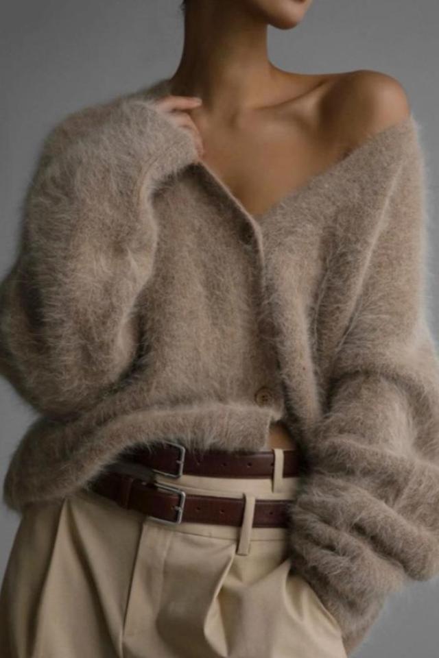 Fluffy V-Neck Button-Down Sweater Cardigan Product Image