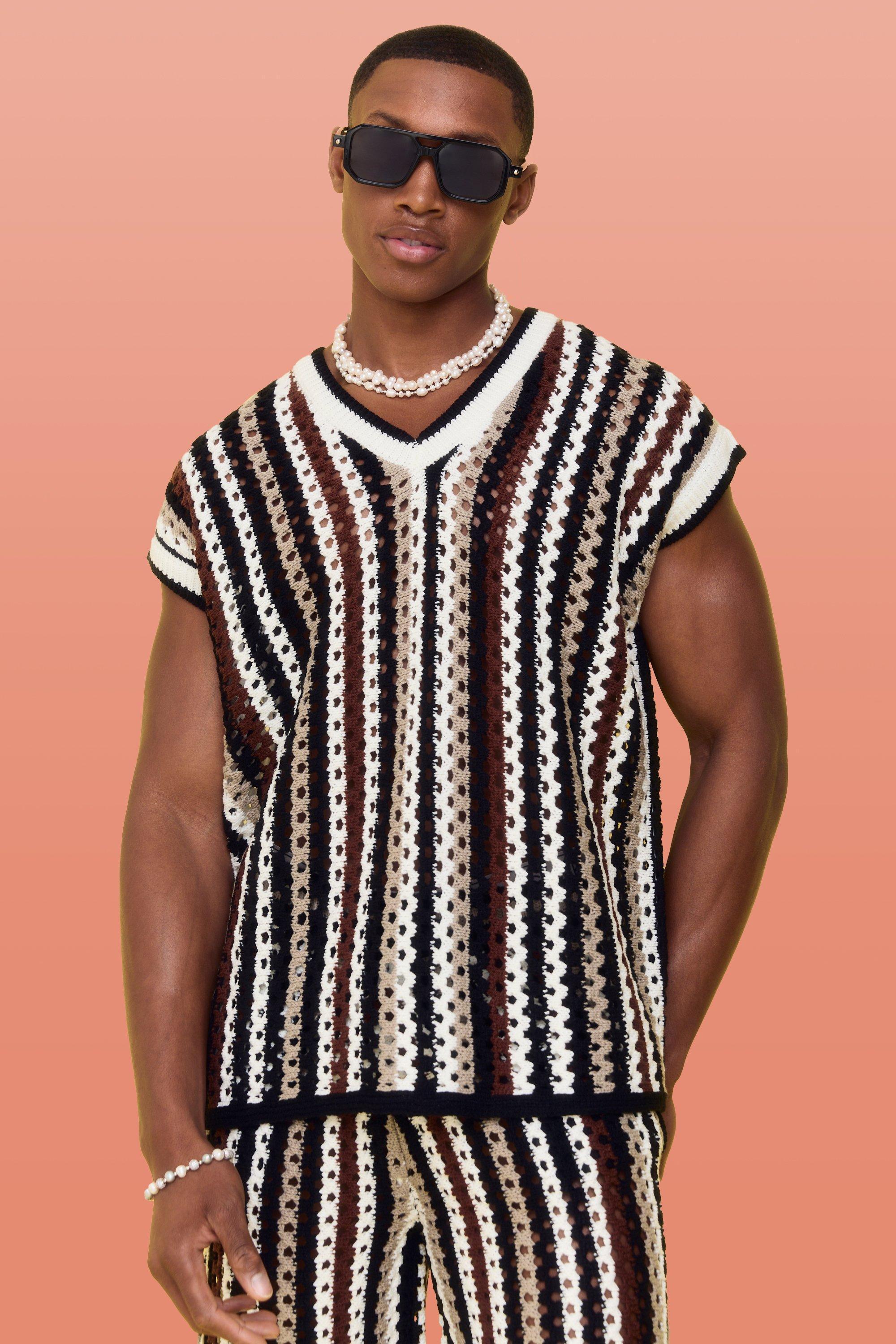 Boxy Oversized Open Stitch V Neck Stripe Sweater Vest | boohooMAN USA Product Image