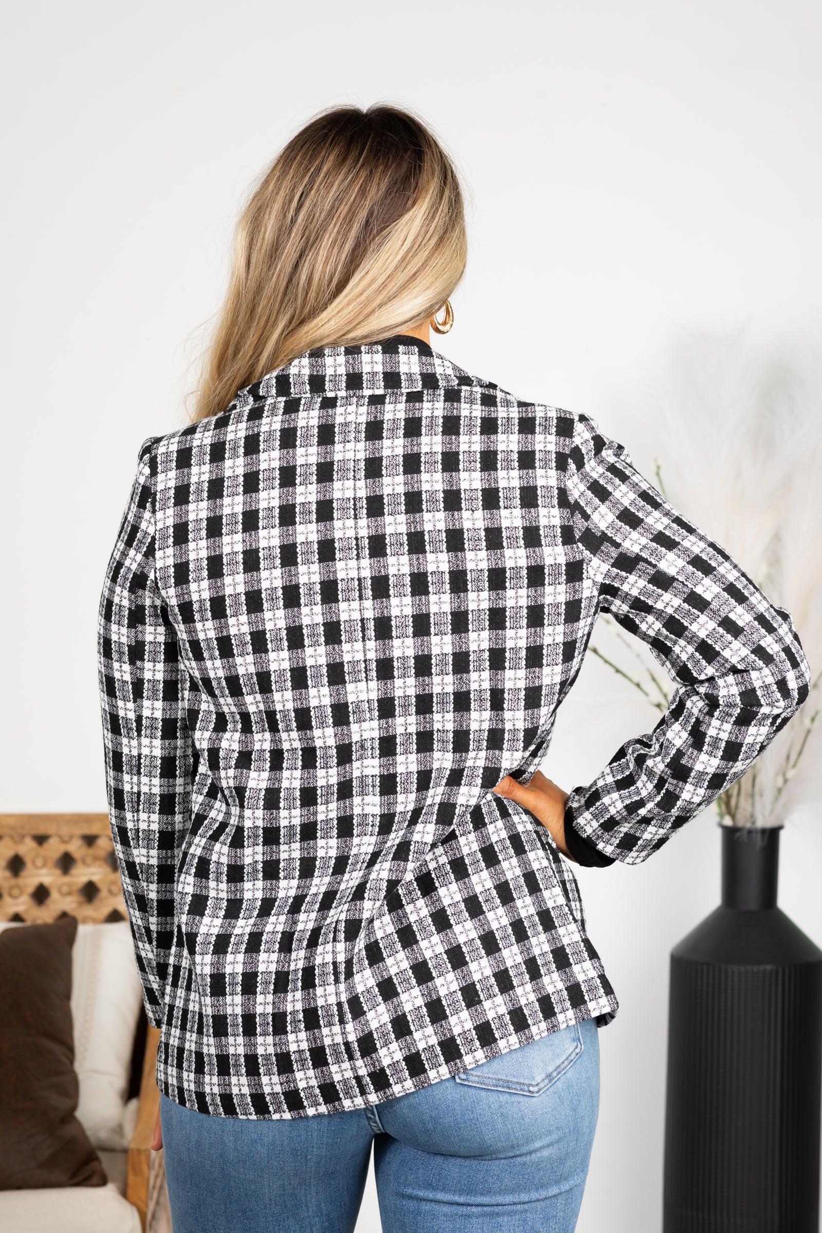 Black and White Plaid Pattern Tweed Blazer Product Image