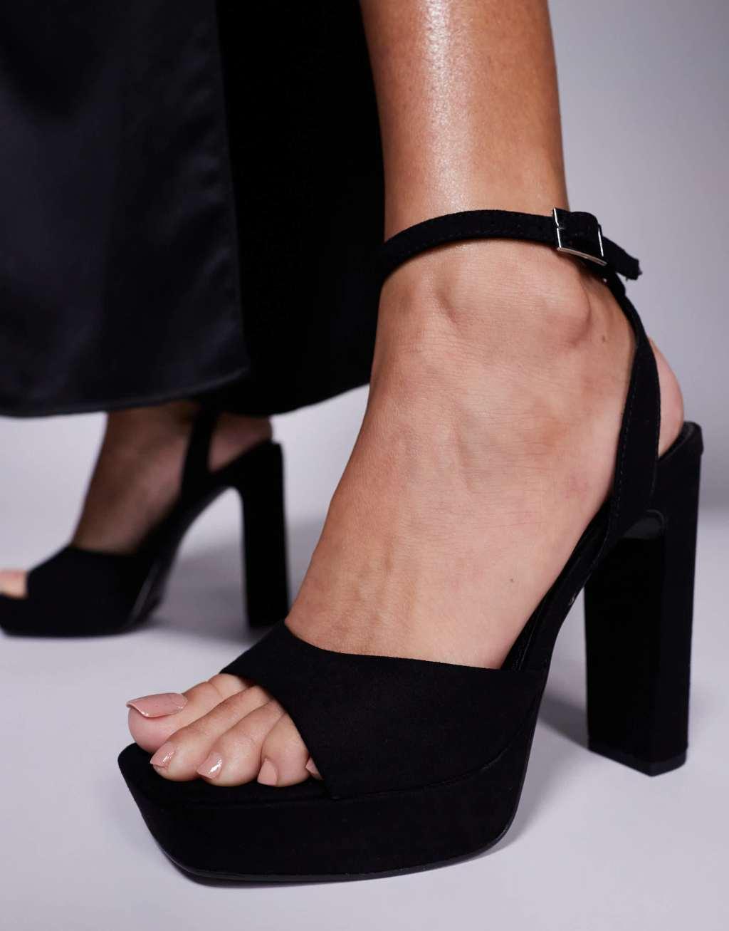 ASOS DESIGN Wide Fit Naples platform barely there block heeled sandals in black Product Image