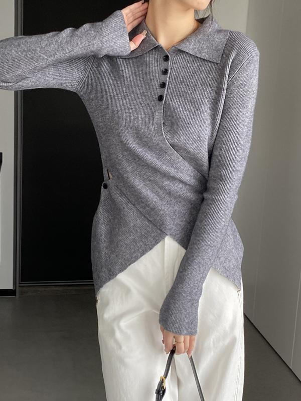 Long Sleeves Skinny Asymmetric Buttoned Hollow Lapel Knitwear Pullovers Sweater Product Image