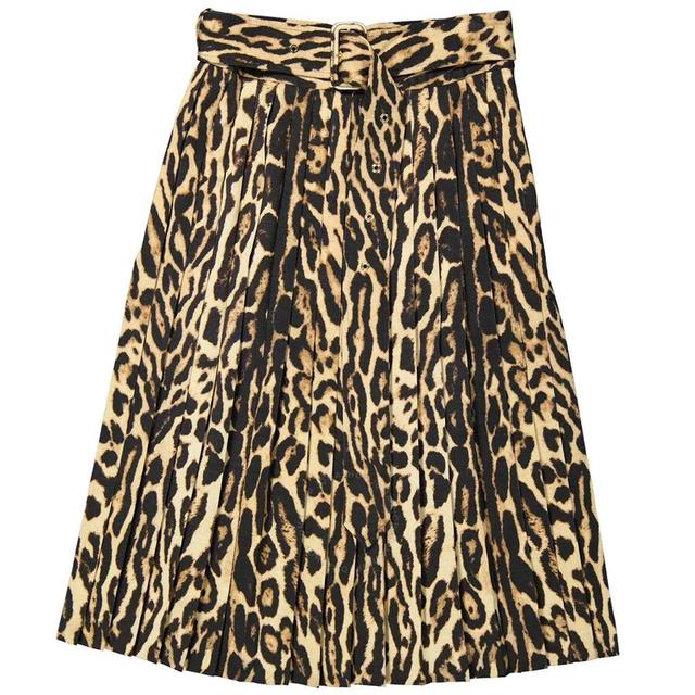 BURBERRY Ladies Leopard Print Stretch Silk Pleated Skirt In Camel Product Image