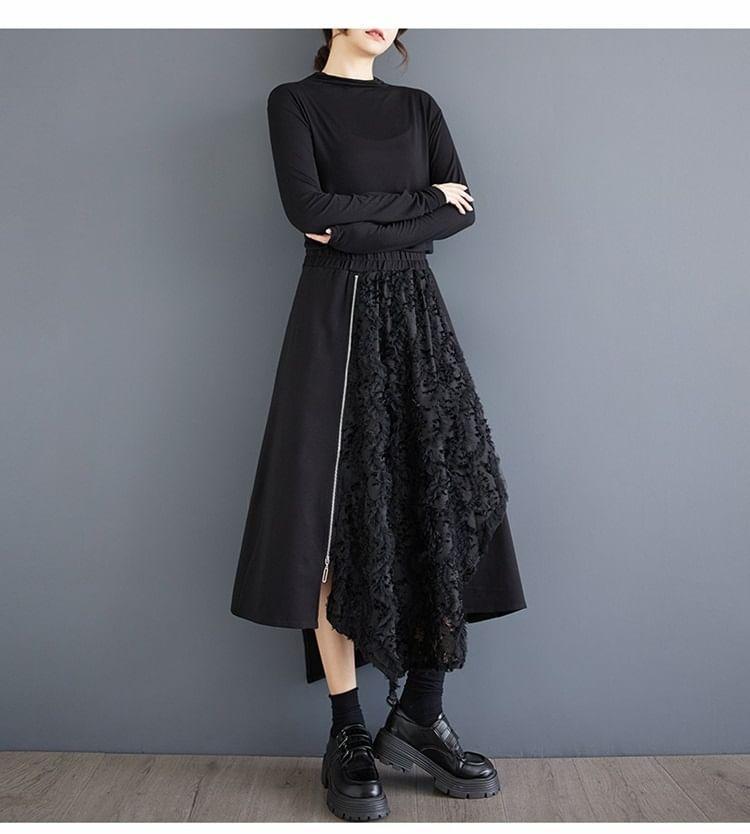 Elastic Waist Plain Frill Asymmetrical Panel Midi A-Line Skirt Product Image