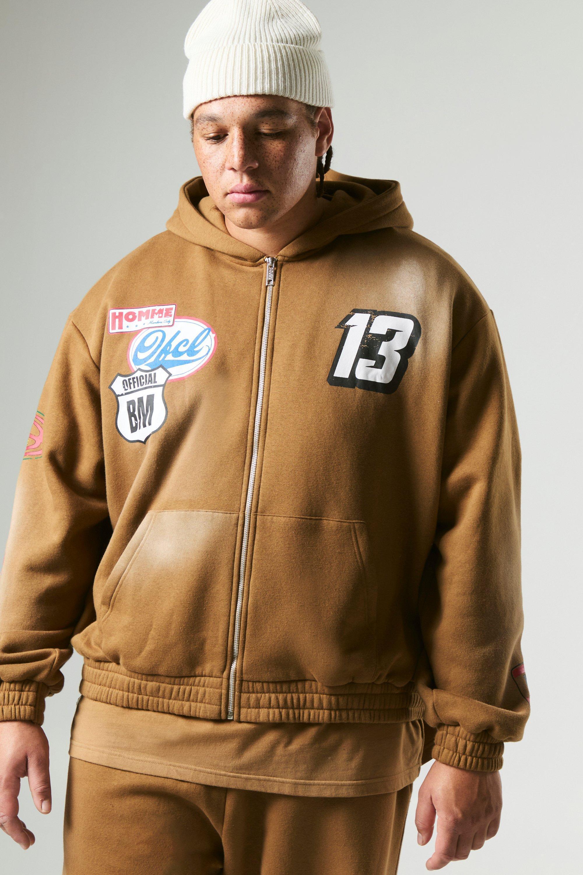 Plus Oversized Boxy Zip Up Varsity Applique Hoodie | boohooMAN USA Product Image