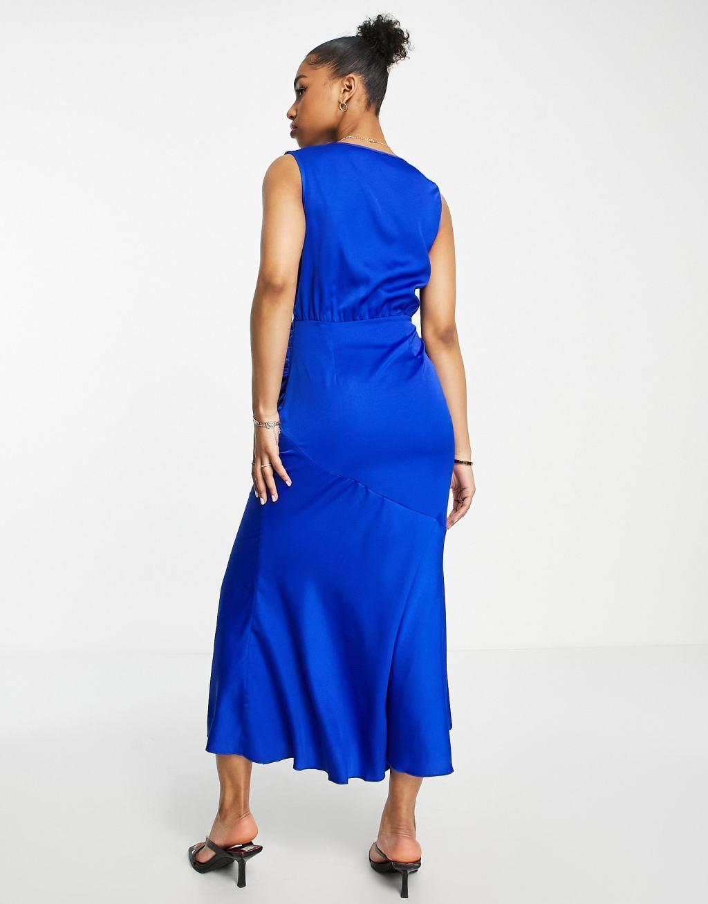 Little Mistress plunge front satin midi dress in royal blue Product Image