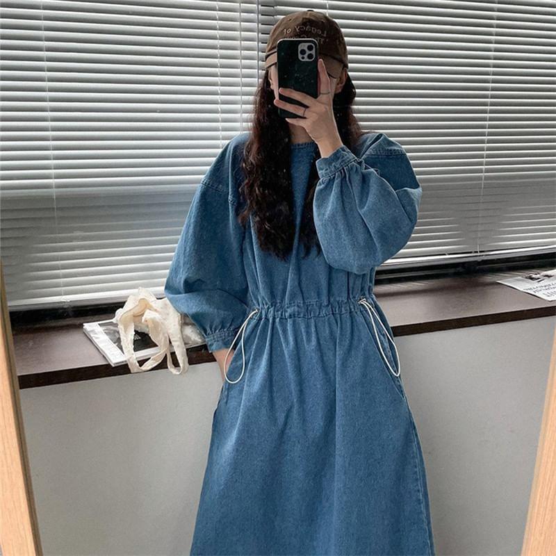 Long-Sleeve Round Neck Drawstring Waist Denim Midi A-Line Dress Product Image