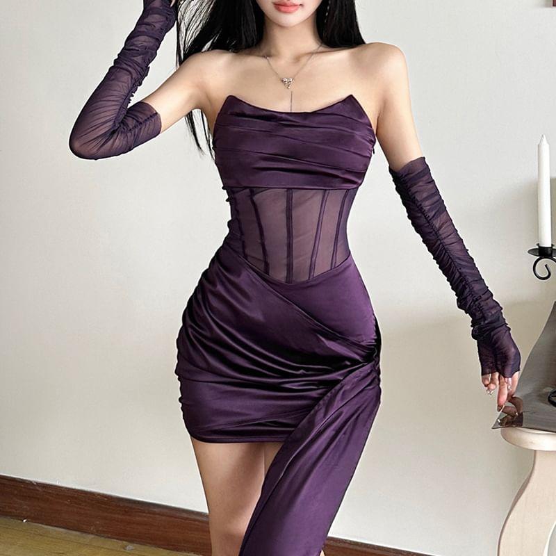 Set: Strapless Mesh Mini Bodycon Dress + Arm Sleeves Product Image