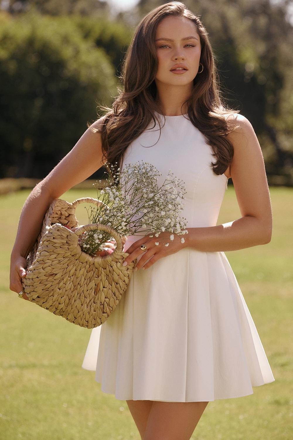 Claretta White Pleated Cotton Mini Dress Product Image