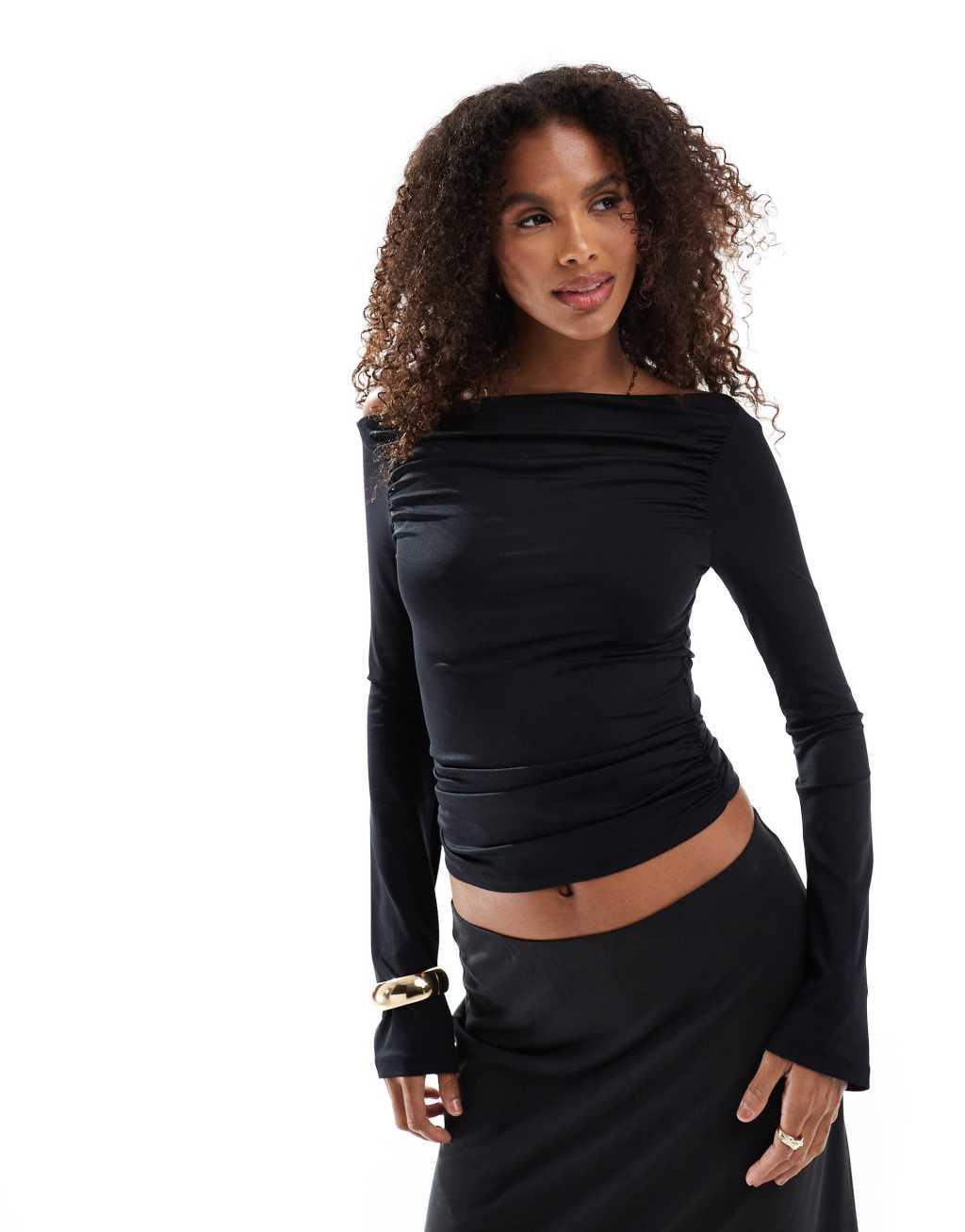 Stradivarius STR polyamide slash neck top in black Product Image