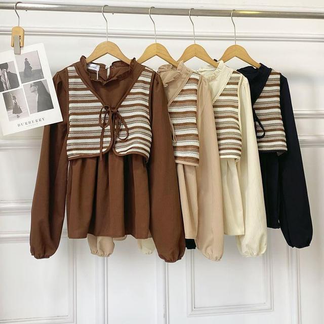 Long Sleeve Crew Neck Striped Mock Two Piece Blouse Product Image