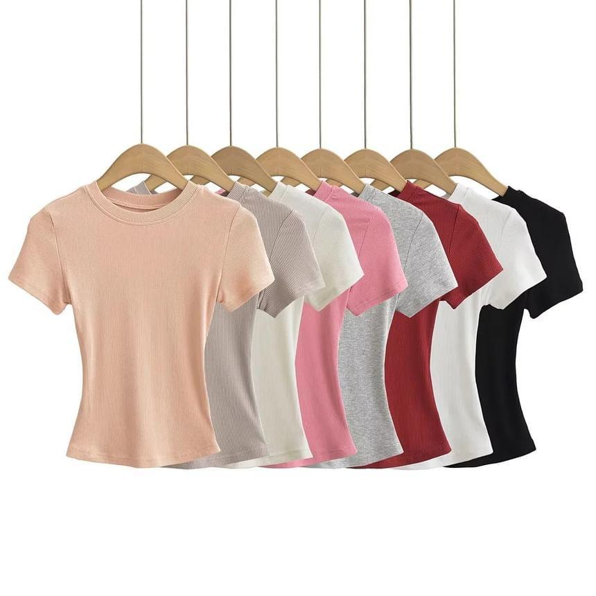 Short Sleeve Plain Slim-Fit Crop Top Product Image