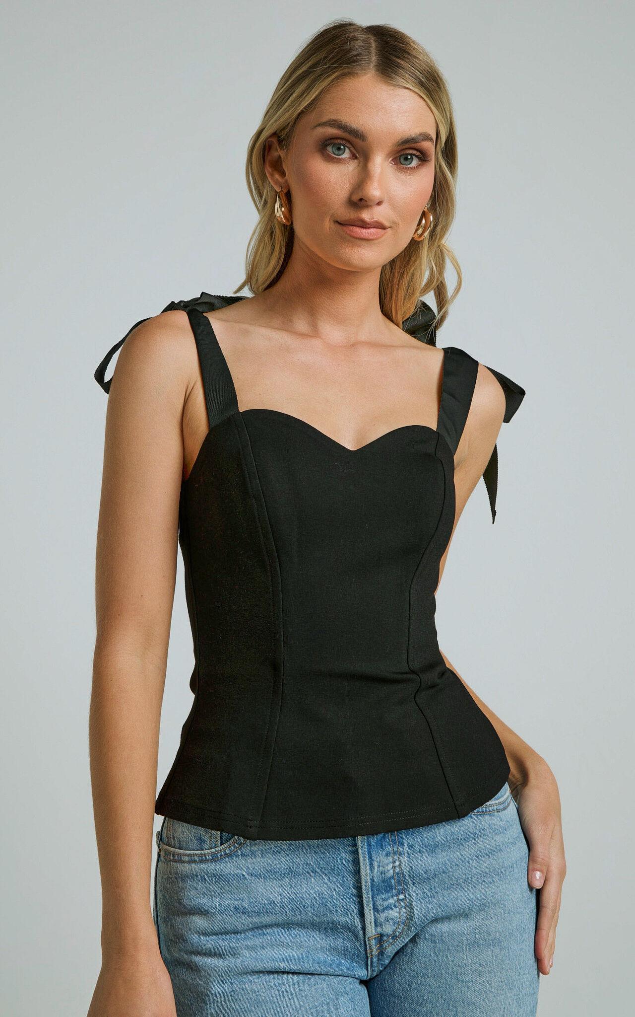 Kora Top - Sweetheart Neck Tie Strap in Black Product Image