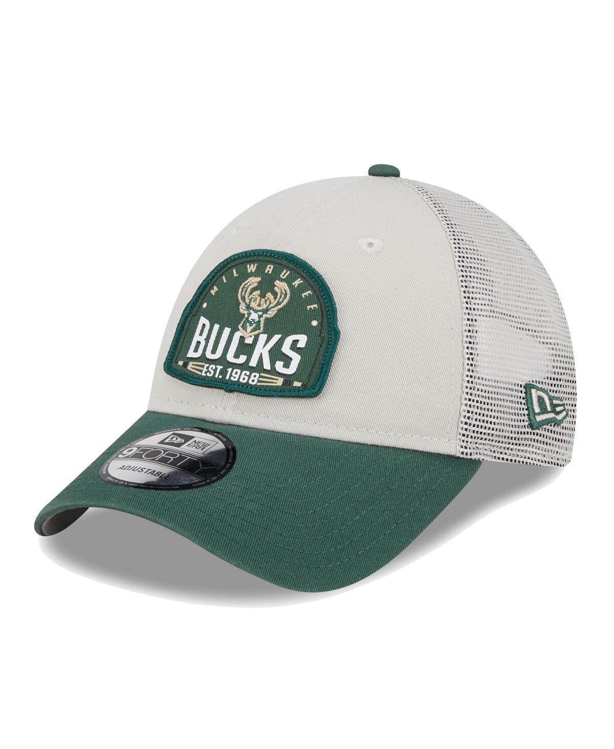 Mens New Era Khaki/Hunter Green Milwaukee Bucks Throwback Patch Trucker 9FORTY Adjustable Hat Product Image