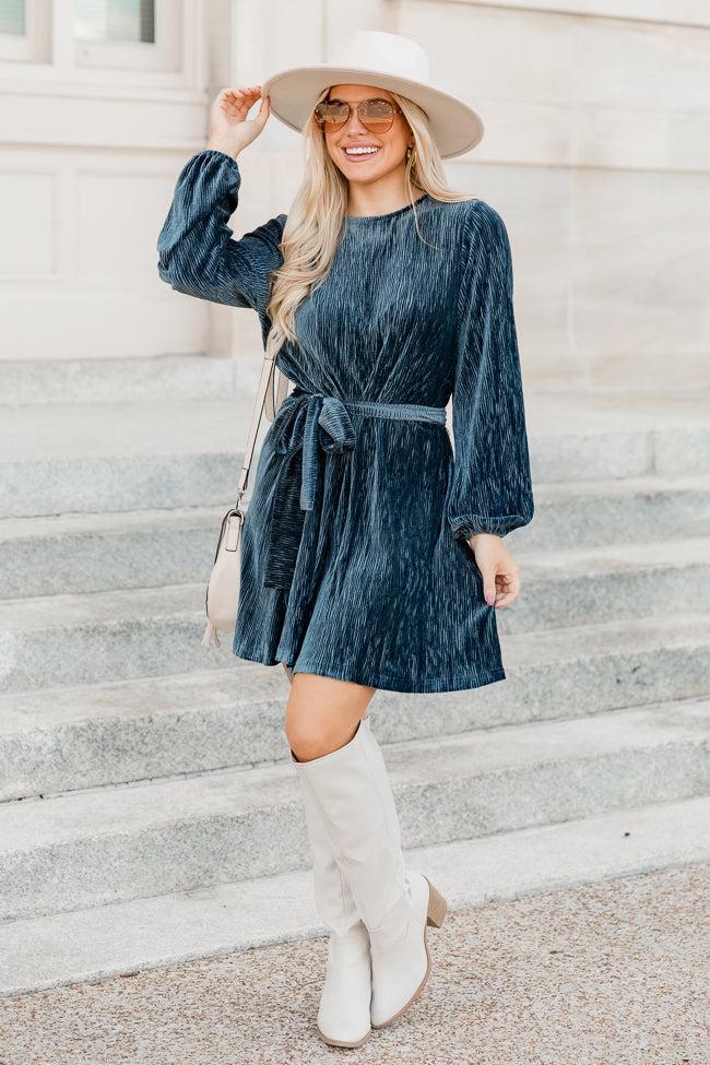 In Due Time Slate Blue Textured Velvet Belted Mini Dress Product Image