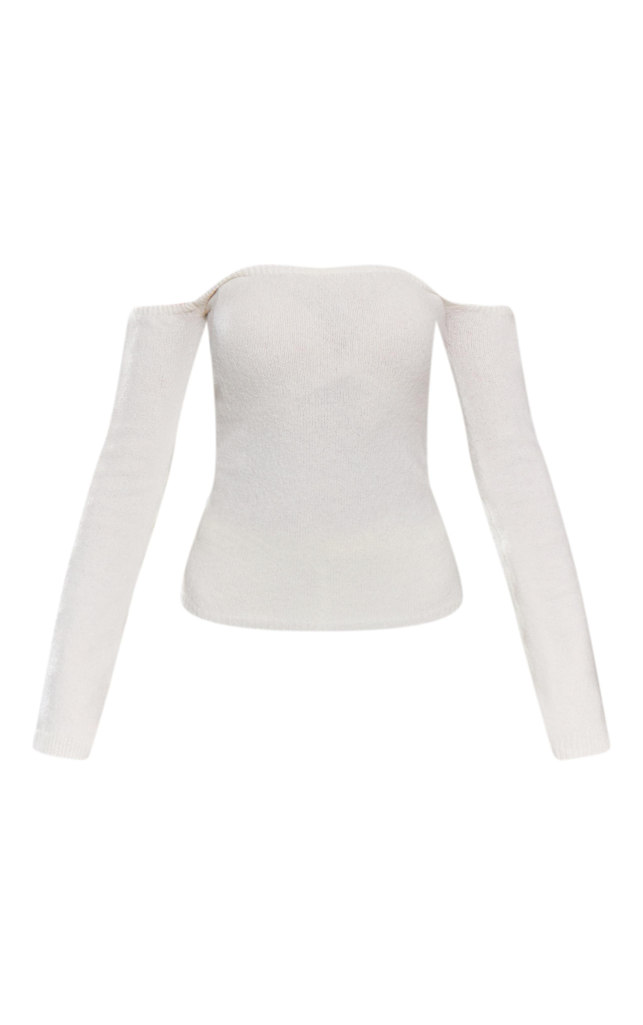 Petite Cream Knitted Long Sleeve Off The Shoulder Long Top  Product Image