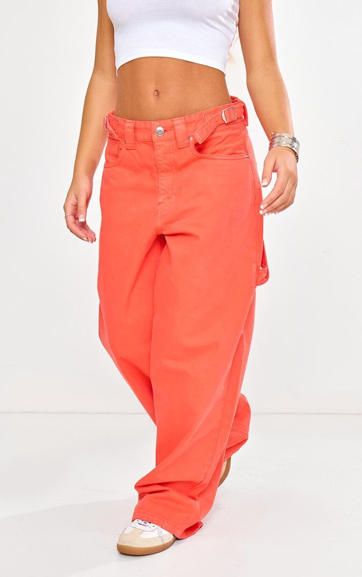 Bright Orange Adjustable Detail Wide Leg Denim Jeans Product Image