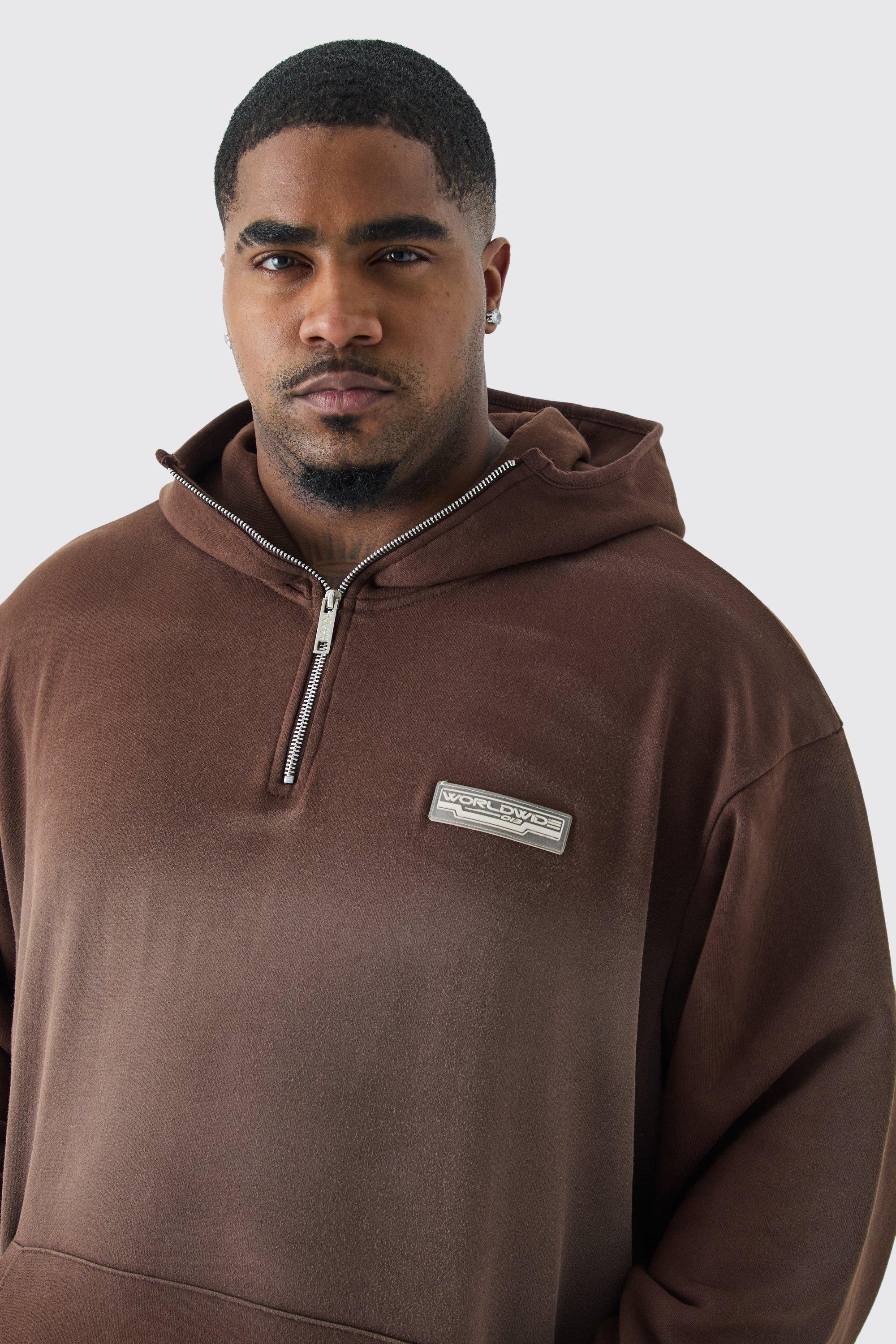 Mens Brown Plus Oversized 1/4 Zip Washed Loopback Hoodie, Brown Product Image