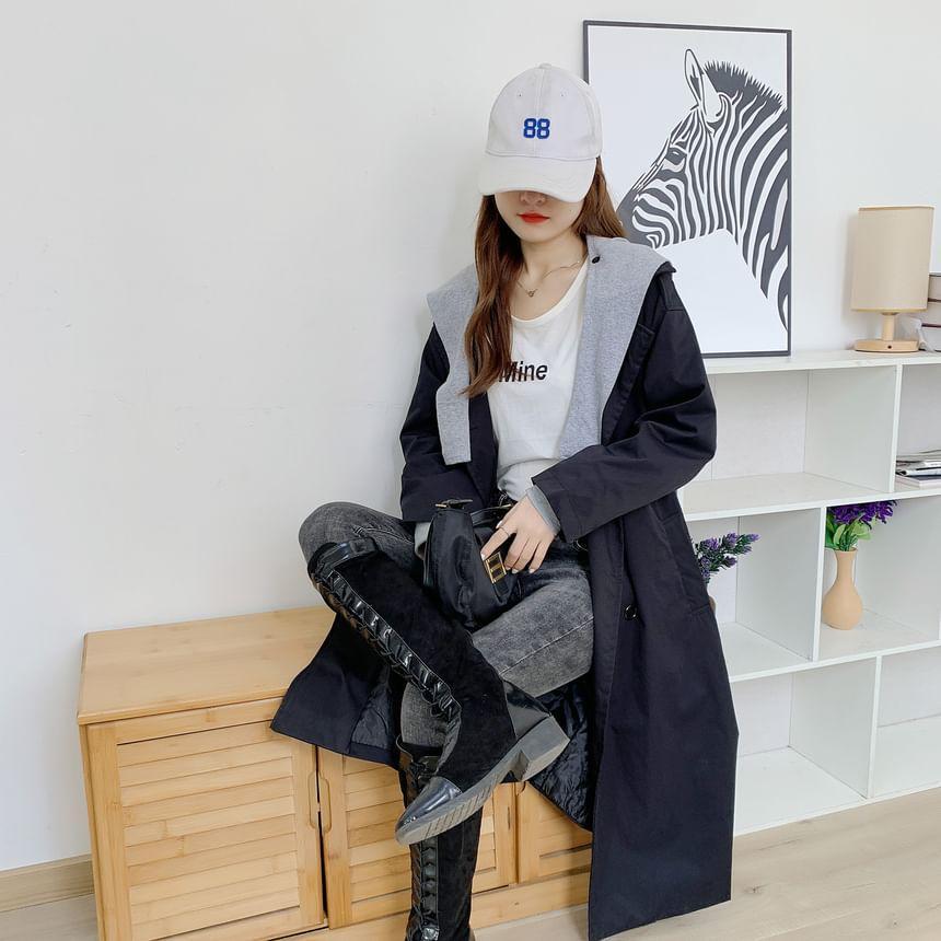 Mock Two-Piece Two Tone Hooded Double-Breasted Long Trench Coat Product Image