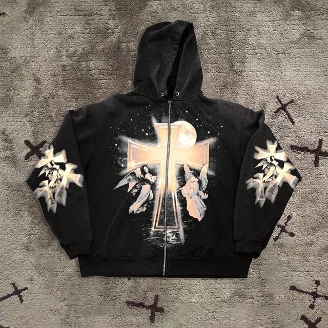 Sopula Angelic Moonlight Vintage Graphic Black Zip Up Hoodie Product Image