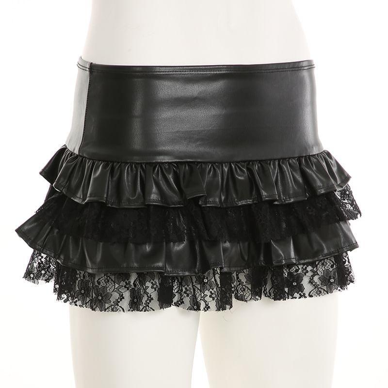 Faux Leather Low Waist Mini Tiered Skirt Product Image