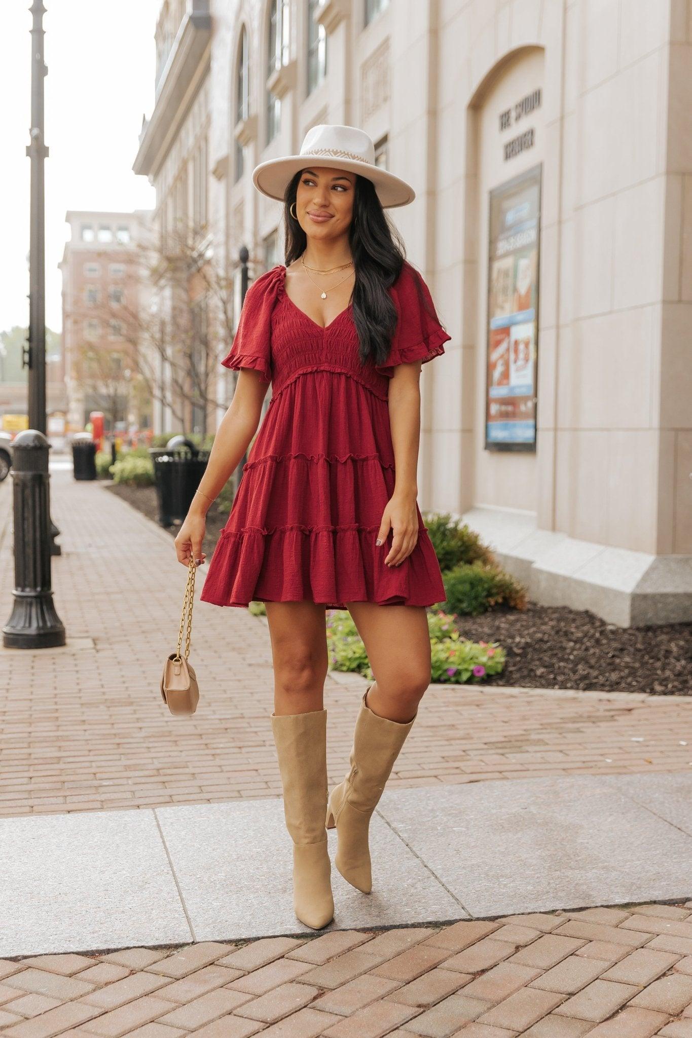 Wine Babydoll Smock Tiered Mini Dress - FINAL SALE Product Image