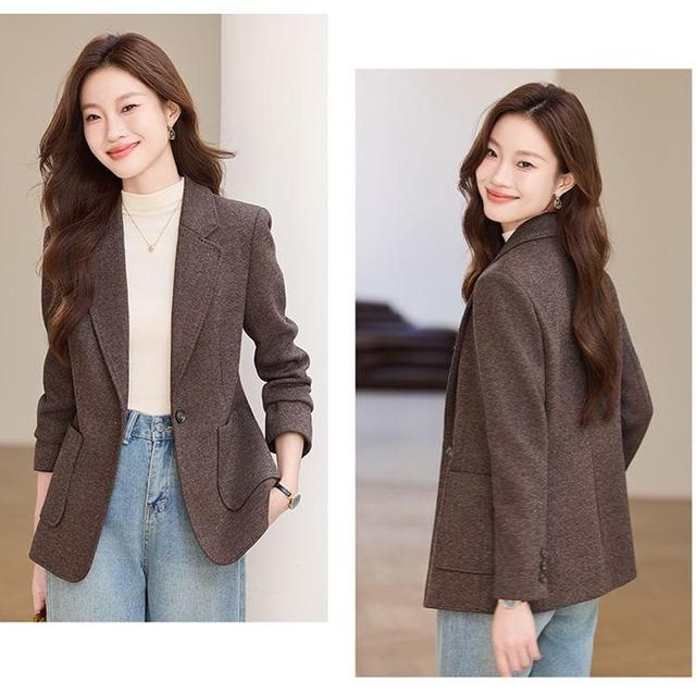 Lapel Collar Plain Single Button Blazer Product Image