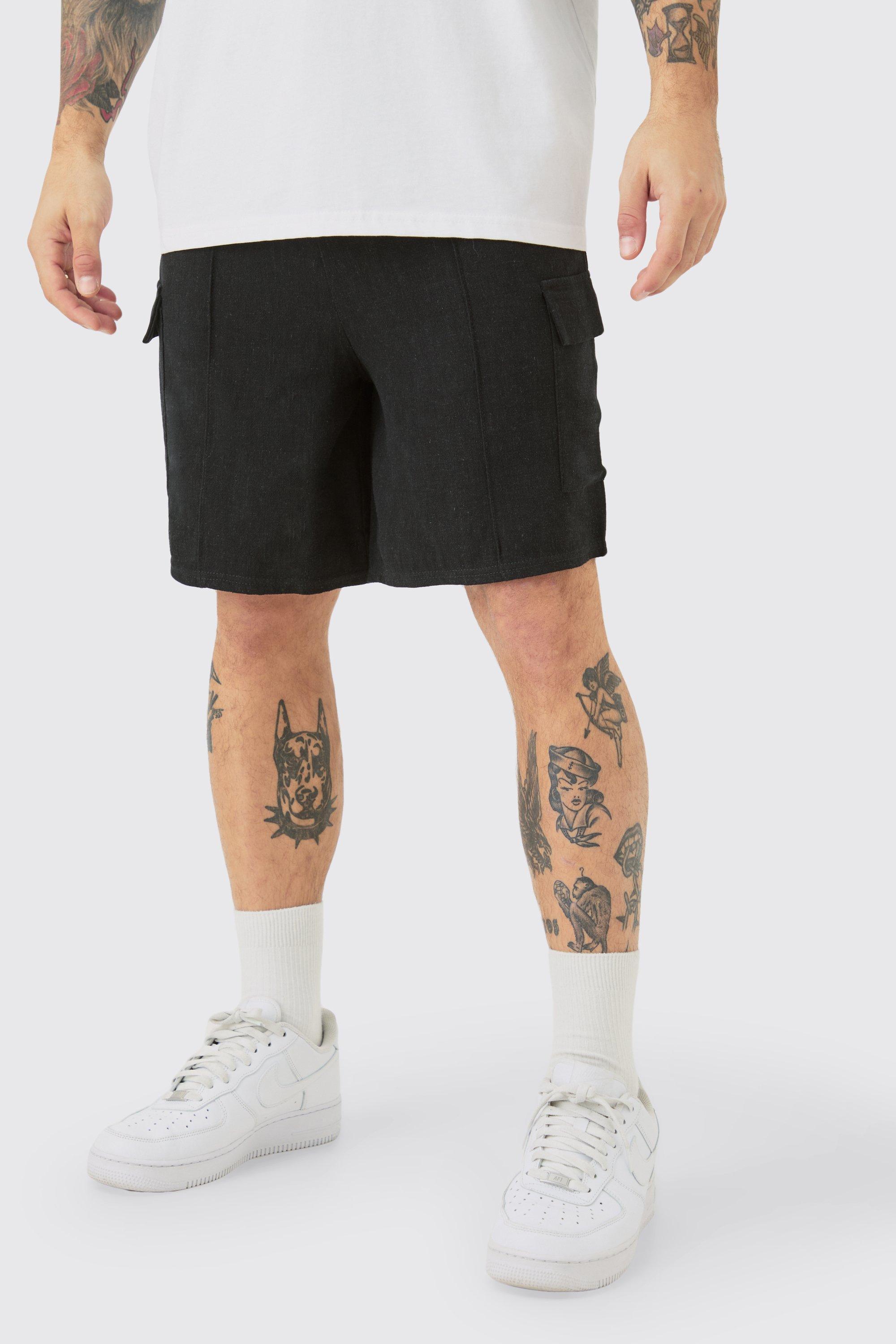 Linen Look Pin Tuck Elasticated Waist Cargo Relaxed Shorts | boohooMAN USA Product Image