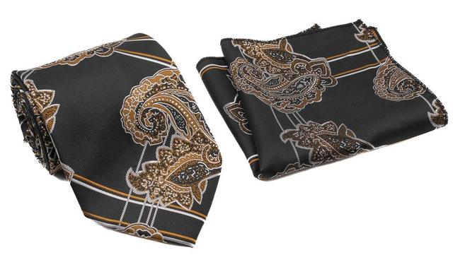 Black Tan Brown Paisley Pattern Men's Classic Tie and Pocket Square Set Product Image