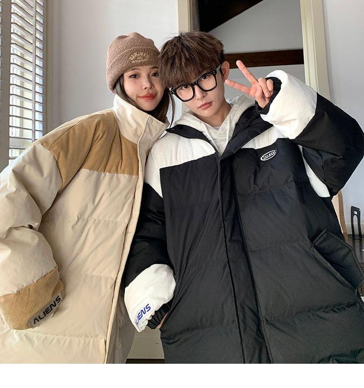 Couple Matching Lettering Two Tone Oversized Zip Puffer Jacket Product Image