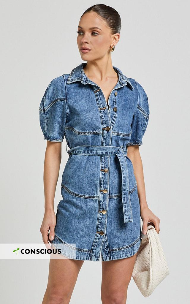 Cannes Mini Dress - Button Through Belted Recycled Denim Dress in Mid Blue Wash Product Image