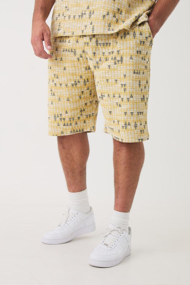 Mens Yellow Plus Elasticated Waist Relaxed Jacquard Geo Shorts, Yellow Product Image