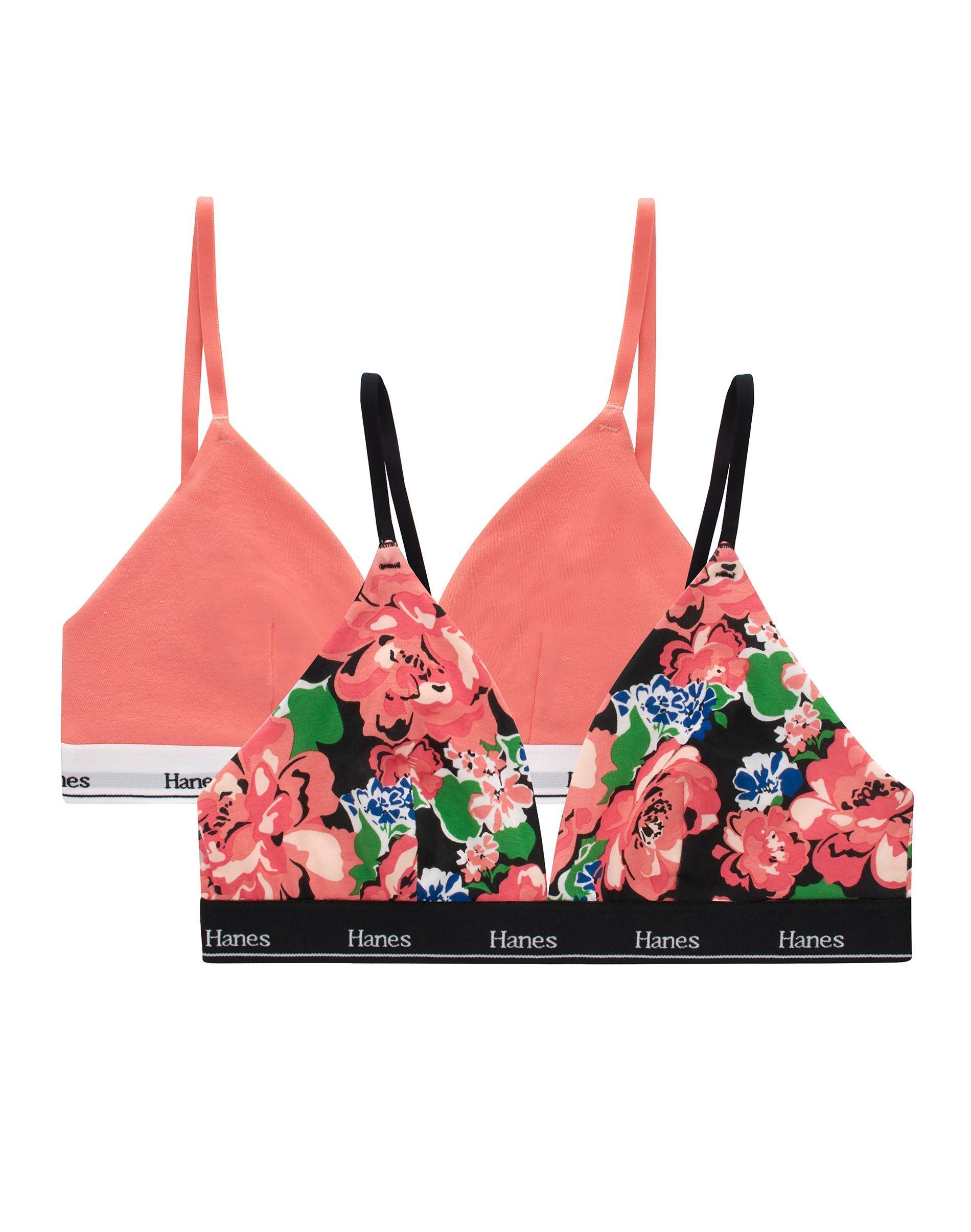 Hanes Originals Triangle Bralette, Breathable Stretch Cotton, 2-Pack Peony Party/Coral Flambe 2XL Womens Product Image