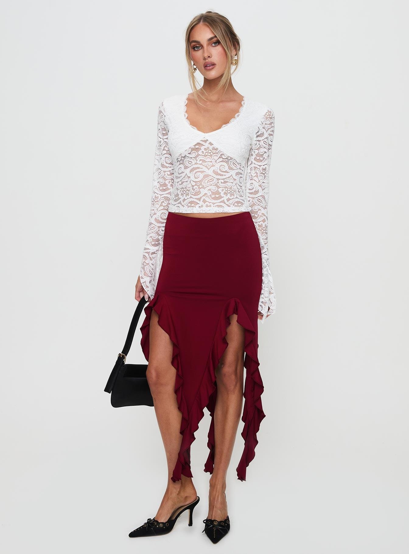 Peachey Asymmetric Ruffle Midi Skirt Burgundy Product Image