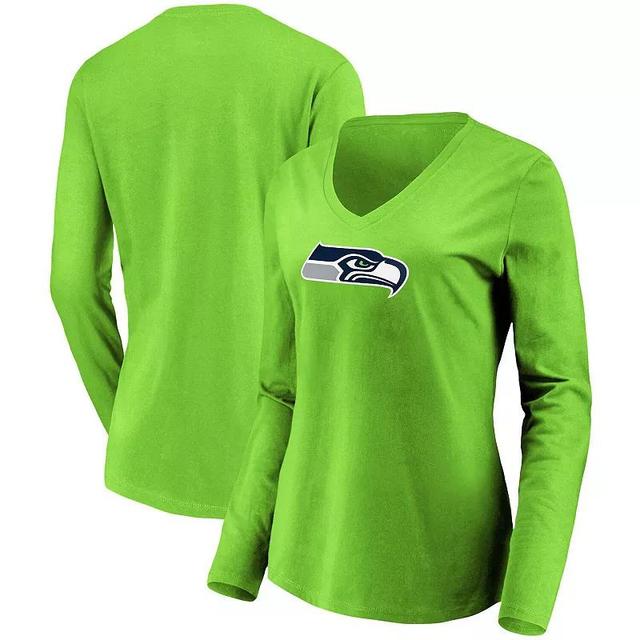 Womens Fanatics Branded Neon Green Seattle Seahawks Primary Logo Long Sleeve V-Neck T-Shirt Product Image