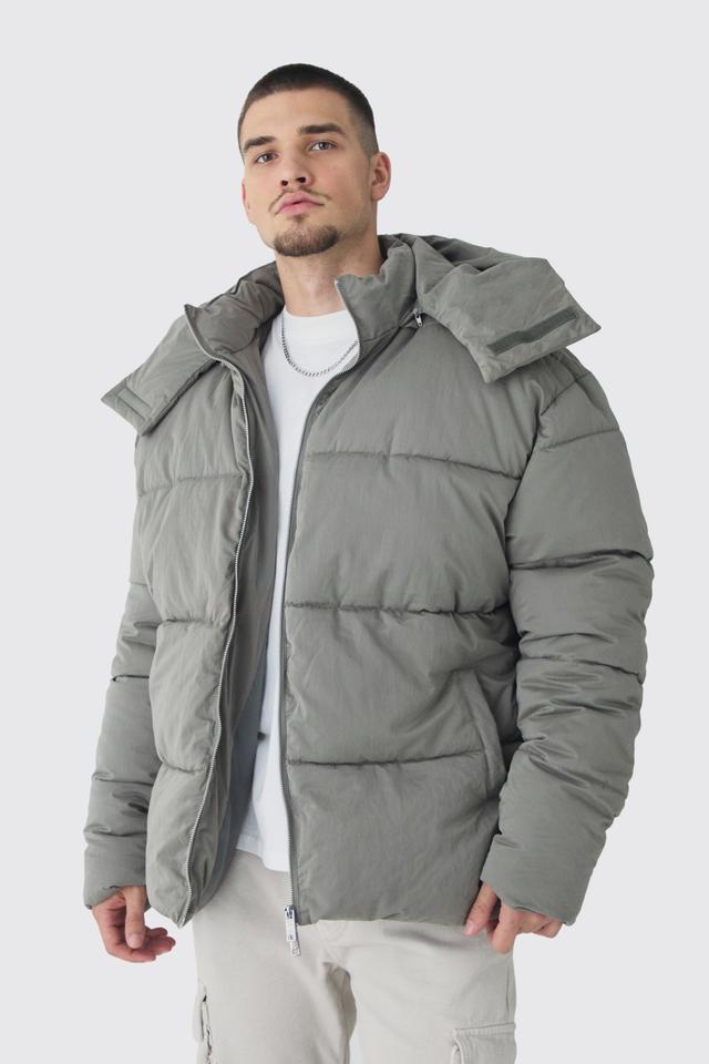 Tall Extended Funnel Neck Hooded Puffer Jacket In Grey | boohooMAN USA Product Image