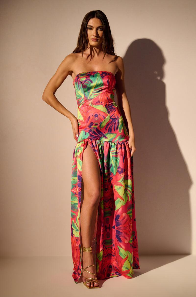 TROPICAL GETAWAY SATIN PRINTED MAXI DRESS Product Image